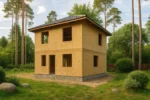 Дом «А-107», 107 м², 2 этажа, в черновой отделке: коробка из СИП-панелей OSB-3, вальмовая кровля из металлочерепицы, проёмы без окон и дверей, в проёмах видны сосновые балки перекрытия