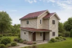 Проект дома «А-108» из СИП-панелей, 108 м² — двухэтажный дом с бежевым фасадом, красной крышей и крытым крыльцом | HotWell.KZ