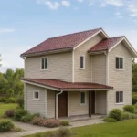 Проект дома «А-108» из СИП-панелей, 108 м² — двухэтажный дом с бежевым фасадом, красной крышей и крытым крыльцом | HotWell.KZ
