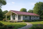 Проект дома «А-115» Азамат из СИП-панелей, 115 м² — одноэтажный дом с серым фасадом, красной крышей и террасой | HotWell.KZ