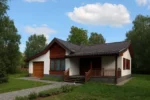 Проект дома «А-118» из СИП-панелей, 118 м² — одноэтажный дом с белым фасадом, коричневой крышей и гаражом | HotWell.KZ