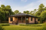 Проект дома «А-120» из СИП-панелей, 120 м² — одноэтажный дом с бежевым фасадом, черной крышей и крытым крыльцом | HotWell.KZ