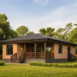 Проект дома «А-120» из СИП-панелей, 120 м² — одноэтажный дом с бежевым фасадом, черной крышей и крытым крыльцом | HotWell.KZ