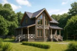 Проект дома «А-120Б» из СИП-панелей, 120 м² — двухэтажный дом с серым фасадом, черной крышей и панорамными окнами | HotWell.KZ