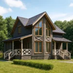 Проект дома «А-120Б» из СИП-панелей, 120 м² — двухэтажный дом с серым фасадом, черной крышей и панорамными окнами | HotWell.KZ