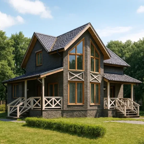 Проект дома «А-120Б» из СИП-панелей, 120 м² — двухэтажный дом с серым фасадом, черной крышей и панорамными окнами | HotWell.KZ