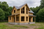 Дом «А-120Б», 120 м², 1.5 этажа, в черновой отделке: коробка из СИП-панелей OSB-3, двускатная кровля из металлочерепицы, проёмы без окон и дверей, в проёмах видны сосновые балки перекрытия