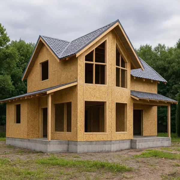 Дом «А-120Б», 120 м², 1.5 этажа, в черновой отделке: коробка из СИП-панелей OSB-3, двускатная кровля из металлочерепицы, проёмы без окон и дверей, в проёмах видны сосновые балки перекрытия