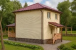 Проект дома «А-121» из СИП-панелей, 121 м² — двухэтажный дом с бежевым фасадом, красной крышей и крыльцом | HotWell.KZ