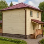 Проект дома «А-121» из СИП-панелей, 121 м² — двухэтажный дом с бежевым фасадом, красной крышей и крыльцом | HotWell.KZ