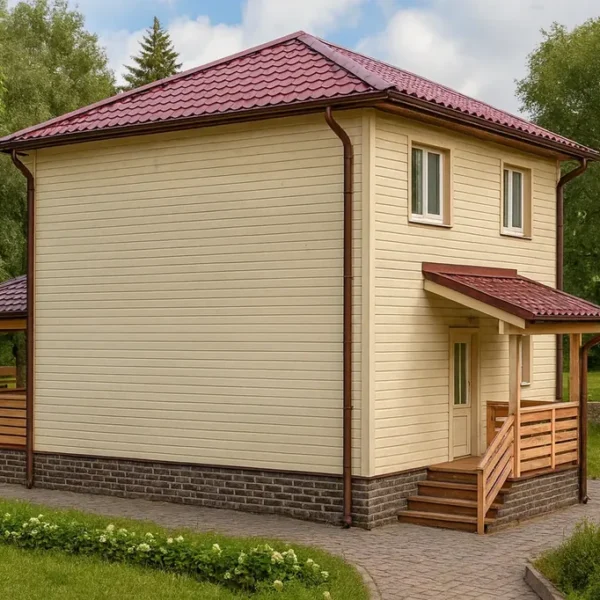 Проект дома «А-121» из СИП-панелей, 121 м² — двухэтажный дом с бежевым фасадом, красной крышей и крыльцом | HotWell.KZ