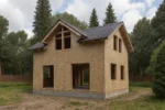 Дом «А-123Б», 123 м², 1.5 этажа, в черновой отделке: коробка из СИП-панелей OSB-3, двускатная кровля из металлочерепицы, проёмы без окон и дверей, в проёмах видны сосновые балки перекрытия