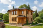 Проект дома «А-128» из СИП-панелей, 128 м² — двухэтажный дом с деревянным фасадом, черной крышей и крыльцом | HotWell.KZ