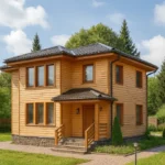 Проект дома «А-128» из СИП-панелей, 128 м² — двухэтажный дом с деревянным фасадом, черной крышей и крыльцом | HotWell.KZ