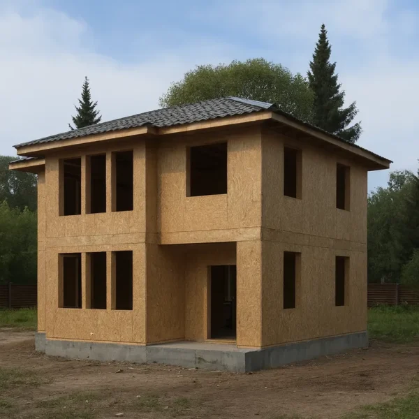 Дом «А-128», 128 м², 2 этажа, в черновой отделке: коробка из СИП-панелей OSB-3, вальмовая кровля из металлочерепицы, проёмы без окон и дверей, в проёмах видны сосновые балки перекрытия