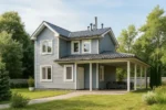 Проект дома «А-130» из СИП-панелей, 130 м² — двухэтажный дом с серым фасадом, черной крышей и террасой | HotWell.KZ