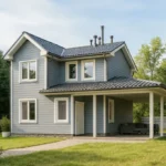 Проект дома «А-130» из СИП-панелей, 130 м² — двухэтажный дом с серым фасадом, черной крышей и террасой | HotWell.KZ