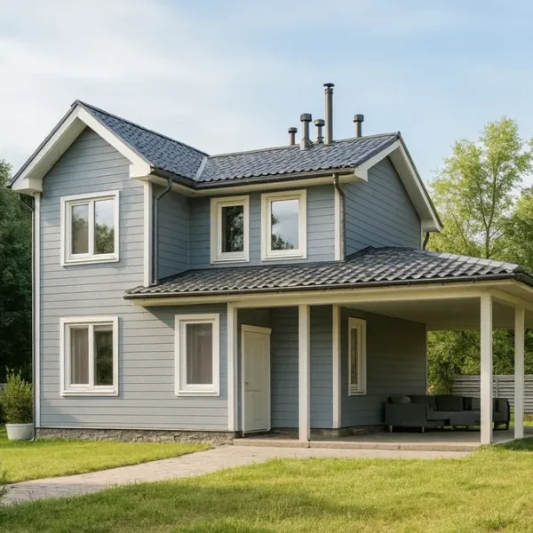 Проект дома «А-130» из СИП-панелей, 130 м² — двухэтажный дом с серым фасадом, черной крышей и террасой | HotWell.KZ