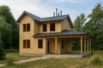 Дом «А-130», 130 м², 2 этажа, в черновой отделке: коробка из СИП-панелей OSB-3, двускатная кровля из металлочерепицы, проёмы без окон и дверей, в проёмах видны сосновые балки перекрытия