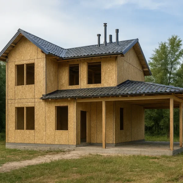 Дом «А-130», 130 м², 2 этажа, в черновой отделке: коробка из СИП-панелей OSB-3, двускатная кровля из металлочерепицы, проёмы без окон и дверей, в проёмах видны сосновые балки перекрытия