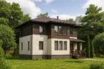 Проект дома «А-131» из СИП-панелей, 131 м² — двухэтажный дом с бежевым фасадом, коричневой крышей и крыльцом | HotWell.KZ