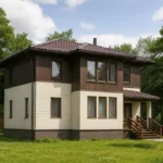 Проект дома «А-131» из СИП-панелей, 131 м² — двухэтажный дом с бежевым фасадом, коричневой крышей и крыльцом | HotWell.KZ