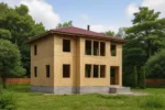 Дом «А-131», 131 м², 2 этажа, в черновой отделке: коробка из СИП-панелей OSB-3, вальмовая кровля из металлочерепицы, проёмы без окон и дверей, в проёмах видны сосновые балки перекрытия