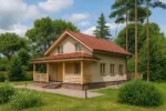 Проект дома «А-136» из СИП-панелей, 136 м² — двухэтажный дом с бежевым фасадом, красной крышей и крытым крыльцом | HotWell.KZ