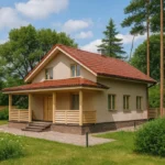 Проект дома «А-136» из СИП-панелей, 136 м² — двухэтажный дом с бежевым фасадом, красной крышей и крытым крыльцом | HotWell.KZ