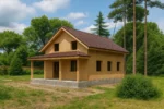 Дом «А-136», 136 м², 1.5 этажа, в черновой отделке: коробка из СИП-панелей OSB-3, двускатная кровля из металлочерепицы, проёмы без окон и дверей, в проёмах видны сосновые балки перекрытия