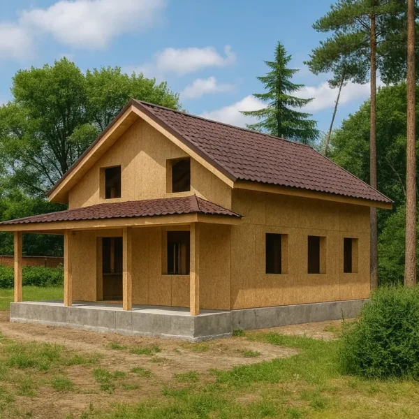 Дом «А-136», 136 м², 1.5 этажа, в черновой отделке: коробка из СИП-панелей OSB-3, двускатная кровля из металлочерепицы, проёмы без окон и дверей, в проёмах видны сосновые балки перекрытия