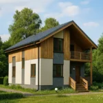 Проект дома «А-142» из СИП-панелей, 142 м² — двухэтажный дом с бежевым фасадом, серой крышей и балконом | HotWell.KZ