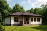 Проект дома «А-150» из СИП-панелей, 150 м² — одноэтажный дом с белым фасадом, коричневой крышей и крыльцом | HotWell.KZ