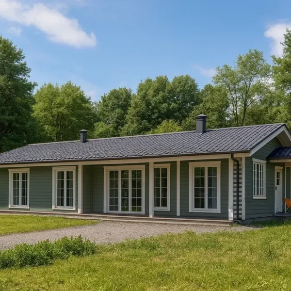 Проект дома «А-150Б» из СИП-панелей, 150 м² — одноэтажный дом с серым фасадом, черной крышей и террасой | HotWell.KZ