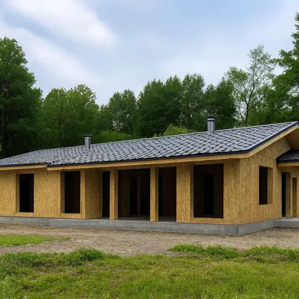 Дом «А-150Б», 150 м², 1 этаж, в черновой отделке: коробка из СИП-панелей OSB-3, двускатная кровля из металлочерепицы, проёмы без окон и дверей