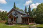Проект дома «А-152» из СИП-панелей, 152 м² — двухэтажный дом с бежевым фасадом, синей крышей и террасой | HotWell.KZ