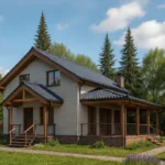 Проект дома «А-152» из СИП-панелей, 152 м² — двухэтажный дом с бежевым фасадом, синей крышей и террасой | HotWell.KZ