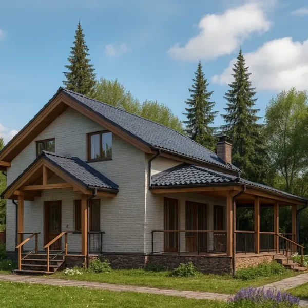 Проект дома «А-152» из СИП-панелей, 152 м² — двухэтажный дом с бежевым фасадом, синей крышей и террасой | HotWell.KZ