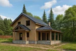 Дом «А-152», 152 м², 1.5 этажа, в черновой отделке: коробка из СИП-панелей OSB-3, двускатная кровля из металлочерепицы, проёмы без окон и дверей, в проёмах видны сосновые балки перекрытия