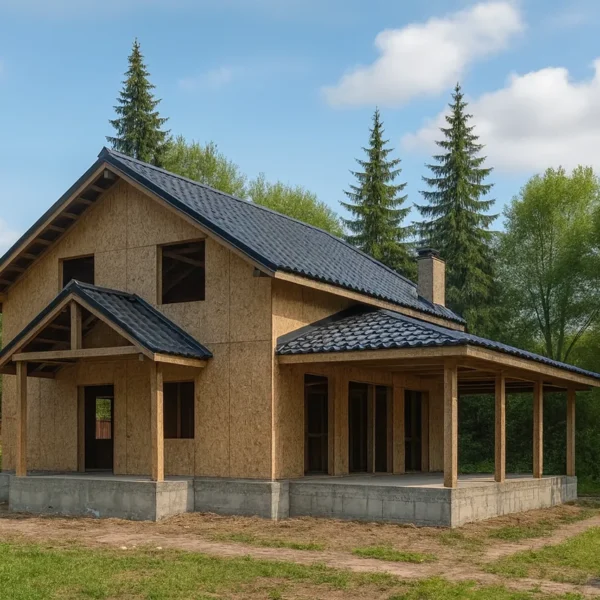 Дом «А-152», 152 м², 1.5 этажа, в черновой отделке: коробка из СИП-панелей OSB-3, двускатная кровля из металлочерепицы, проёмы без окон и дверей, в проёмах видны сосновые балки перекрытия