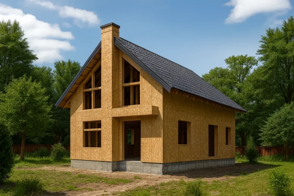 Дом «А-153Б», 153 м², 1,5 этажа, в черновой отделке: коробка из СИП-панелей OSB-3, двускатная кровля из металлочерепицы, проёмы без окон и дверей, в проёмах видны сосновые балки перекрытия