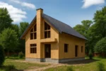Дом «А-153Б», 153 м², 1,5 этажа, в черновой отделке: коробка из СИП-панелей OSB-3, двускатная кровля из металлочерепицы, проёмы без окон и дверей, в проёмах видны сосновые балки перекрытия