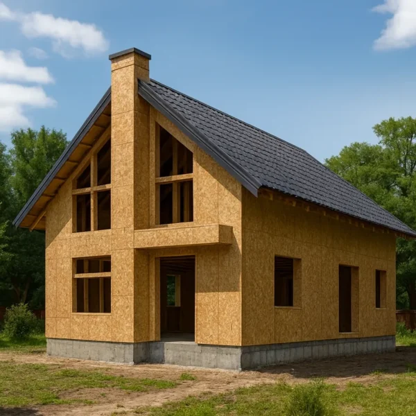 Дом «А-153Б», 153 м², 1,5 этажа, в черновой отделке: коробка из СИП-панелей OSB-3, двускатная кровля из металлочерепицы, проёмы без окон и дверей, в проёмах видны сосновые балки перекрытия