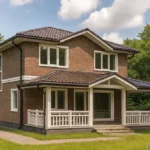 Проект дома «А-155В» из СИП-панелей, 155 м² — двухэтажный дом с коричневым фасадом, темной крышей и крытой террасой | HotWell.KZ