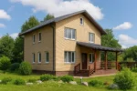 Проект дома «А-157» из СИП-панелей, 157 м² — двухэтажный дом с бежевым фасадом, серой крышей и крытым крыльцом | HotWell.KZ