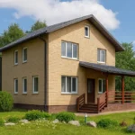 Проект дома «А-157» из СИП-панелей, 157 м² — двухэтажный дом с бежевым фасадом, серой крышей и крытым крыльцом | HotWell.KZ