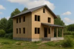 Дом «А-157», 157 м², 2 этажа, в черновой отделке: коробка из СИП-панелей OSB-3, двускатная кровля из металлочерепицы, проёмы без окон и дверей, в проёмах видны сосновые балки перекрытия
