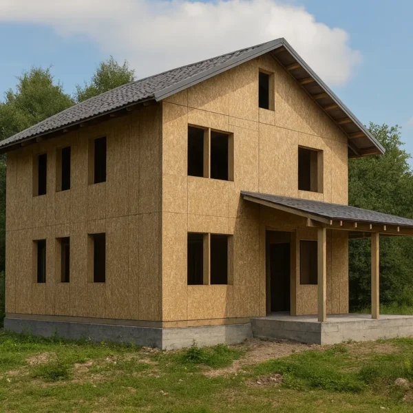 Дом «А-157», 157 м², 2 этажа, в черновой отделке: коробка из СИП-панелей OSB-3, двускатная кровля из металлочерепицы, проёмы без окон и дверей, в проёмах видны сосновые балки перекрытия