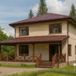 Проект дома «А-160» из СИП-панелей, 160 м² — двухэтажный дом с бежевым фасадом, коричневой крышей и террасой | HotWell.KZ
