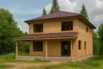 Дом «А-160», 160 м², 2 этажа, в черновой отделке: коробка из СИП-панелей OSB-3, вальмовая кровля из металлочерепицы, проёмы без окон и дверей, в проёмах видны сосновые балки перекрытия